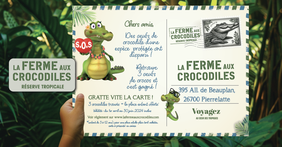 Jeu concours à la recherche des œufs perdus carte postale printemps 2024 - La Ferme aux Crocodiles Réserve Tropicale - Pierrelatte 